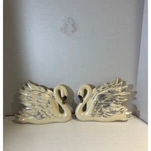 MCM Vintage 1968 Miller Studio Chalkware Swan Pair Ivory‎ & Silver